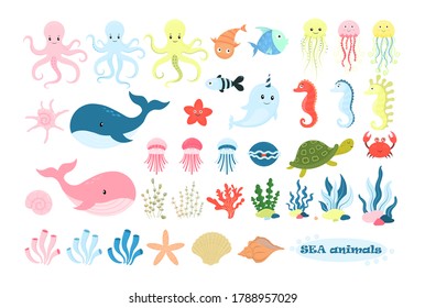 Caricatura sobre la vida marina. Fauna marina y oceánica. Conjunto de animales submarinos ballena, peces marinos, medusas, pulpo, tortuga, caballito de mar, pez estrella, corales de agua y conchas. Animales marinos al estilo de los niños.Vector