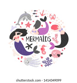 Cartoon sea life, mermaida and ocean animarl vector round concept