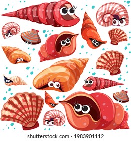 Cartoon Sea Life Seamless Pattern with many different seashells character illustration