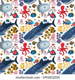 Cartoon Sea Life Seamless Pattern with Sea Animals illustration