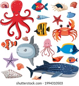 Cartoon Sea Life Seamless Pattern with Sea Animals character illustration
