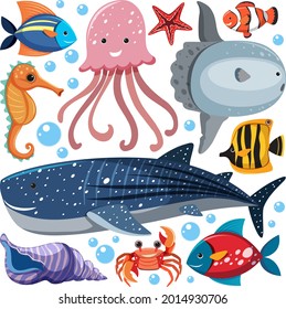 Cartoon Sea Life Seamless Pattern with Sea Animals character illustration
