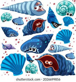 Cartoon Sea Life Seamless Pattern with many different seashells character illustration