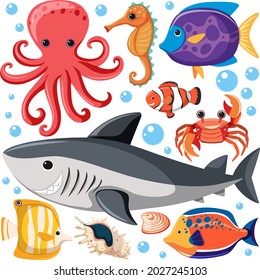 Cartoon Sea Life Seamless Pattern with Sea Animals character illustration