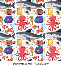 Cartoon Sea Life Seamless Pattern with Sea Animals illustration