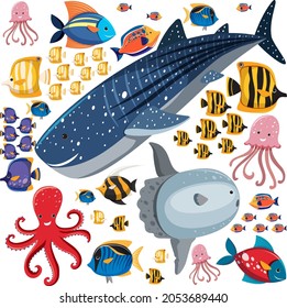 Cartoon Sea Life Seamless Pattern with Sea Animals character illustration