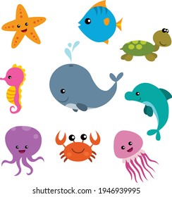 Cartoon sea life set of vector illustration isolated on white background