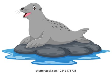 Cartoon sea lion on the rock isolated on white backround. Vector illustration