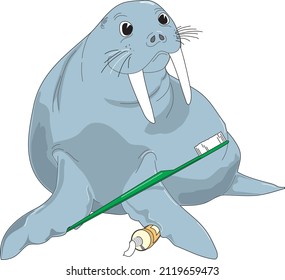 Cartoon Sea Lion Seal Brushing Teeth Dental Care Dentist Concept Vector Art Isolated on White