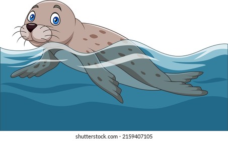 Cartoon sea lion swimming in the ocean