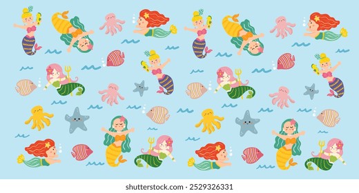 Cartoon sea mermaid seamless pattern on transparent background. Mermaid, fish, sea stars, squid, sea life princess neptune Vector illustration fantasy textile