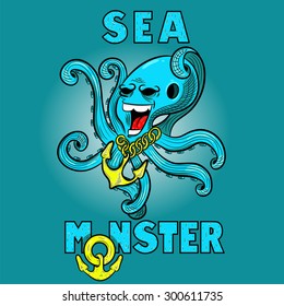 Cartoon sea monster octopus, with a terrible expression.