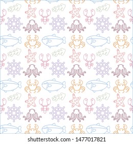 Cartoon sea ocean doodles animals like grab, whale,star fish, octopus,grass etc seamless pattern on white background - Fabric textile collections