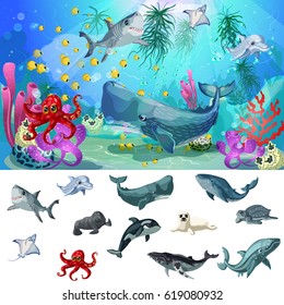 Concepto de fauna marina y oceánica con animales submarinos en coloridos paisajes marinos ilustraciones vectoriales