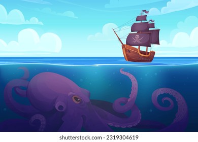 Plantilla de fondo de aventura de juegos de mar o océano con barco para el cofre del tesoro y monstruo. Buque pirata y gigantesco vector de pulpo submarino