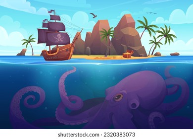 Cartoon sea or ocean game adventure background template with boat sailing for treasure chest and monster. Tropical island landscape with pirate ship and giant underwater octopus vector illustration