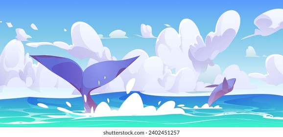 Caricatura de mar o paisaje oceánico con ballenas saltando. Ilustración vectorial de día soleado con cola de ballena o orca y salpicaduras en el agua. Observar y explorar grandes cetáceos en su hábitat natural.