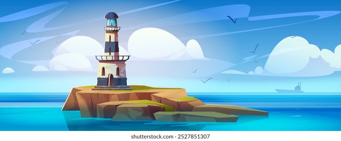 Cartoon mar ou paisagem oceânica com farol vintage na ilha com praia de penhasco e navio de pesca no horizonte, água azul e gaivotas no céu. Beacon torre de construção para transporte marítimo de segurança.