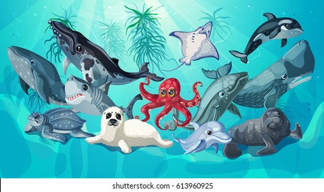 Cartoon Sea And Ocean Life Template With Underwater Animals On Nature Marine Landscape Vector Illustration