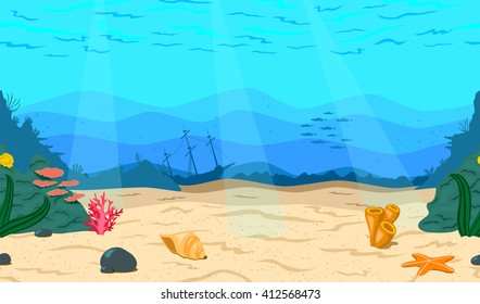 Cartoon Sea, Ocean. The Seabed For The Game. Horizontal Seamless Coral Reef. Nautical Background. Underwater World.