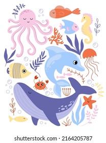 El mar de dibujos animados y los animales subacuáticos del océano ambientados. Ilustración vectorial plana de color chileno con cangrejo lindo, ballena, delfín, pulpo y peces coloridos