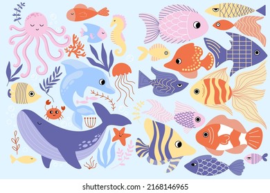 Cartoon sea and ocean underwater animals set. Childish colored flat vector illustration with cute crab, whale, dolphin, octopus and colorful fishes