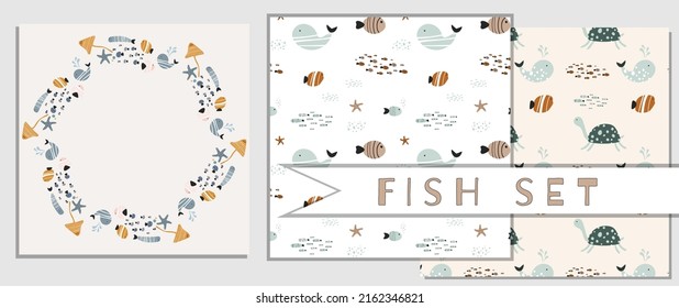 Cartoon sea ocean world design set with fish, octopus and turtle in vector. Collection of patterns with underwater wild life paintings