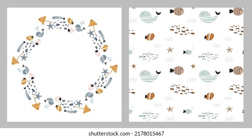 Cartoon sea ocean world design set with fish, octopus and turtle in vector. Collection of patterns with underwater wild life paintings