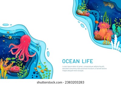 Caricatura de papel marino cortando el paisaje de la pancarta con pulpo, algas y animales, fondo submarino vectorial. Vida marina oceánica subacuática o de arrecife de coral en capas de papel cortadas o cortadas con conchas y peces