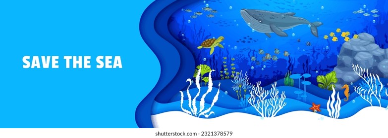 Caricatura de papel marino cortando el paisaje. Ballenas y tortugas, calzado de peces y caballitos de mar, algas marinas tropicales y arrecifes de coral crean un colorido mundo submarino que choca la imaginación. Banner para salvar el océano