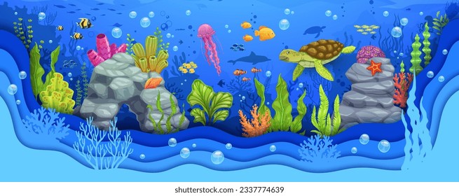 Caricatura de papel marino cortada, paisaje submarino con tortugas y algas, corales vectores, peces y medusas. Fondo submarino con agua oceánica y arrecife de coral, pez delfín y pez estrella