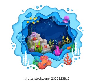 Caricatura de papel marino que recorta el paisaje submarino con arbustos de peces y algas marinas. Espectacular y animada escena que capta los colores vibrantes y el movimiento del mundo submarino dentro del marco vectorial ondulado 3d