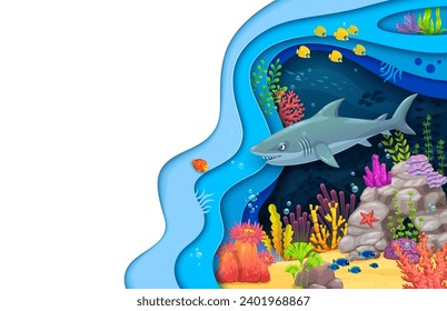 Cartoon sea paper cut underwater landscape and angry shark. Vector 3d papercut art background with marine predator corals, and layered waves, promoting environmental awareness and conservation