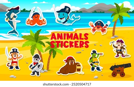 Cartoon sea pirate animal characters stickers pack. Playful adventurous shark, octopus, whale or crab, monkey, walrus, cat, turtle and tiger on tropical beach, all adorned with pirate hats and gear