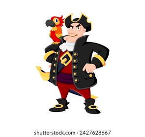 Cartoon sea pirate and corsair captain character with parrot. Isolated vector charismatic buccaneer personage in traditional hat and costume, confidently stands with colorful bird perched on shoulder svg