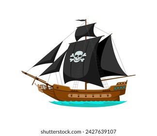 Cartoon sea pirate corsair sailing ship. Isolated vector old frigate with black sails, jolly roger skull, flag and wooden hull. Brigantine on ocean waves, ready for adventure. Buccaneer transportation svg