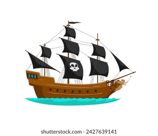 Cartoon sea pirate sailing ship. Old frigate with black billowing sails, quirky jolly roger, flag, and wooden hull. Isolated vector whimsical brigantine on ocean waves, ready for high seas adventure