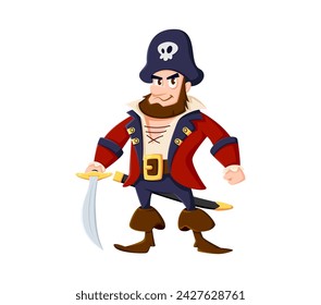 Cartoon sea pirate sailor and corsair captain character. Isolated vector swashbuckling personage with rugged beard, and cunning grin, holding saber, ready for high-seas adventures and treasure hunts