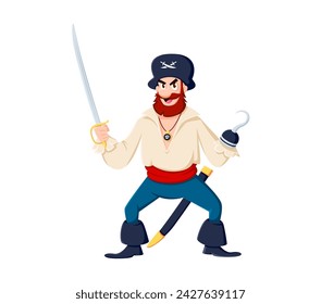 Cartoon sea pirate sailor and corsair captain character. Isolated vector lively filibuster personage with a sinister hook hand and saber, wearing a tricorn hat, ready for adventures on the high seas