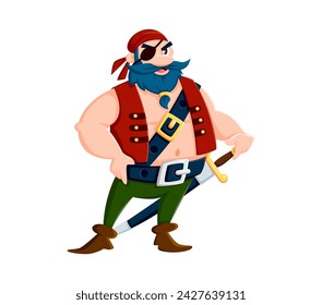 Cartoon sea pirate, sailor or corsair character. Isolated vector roguish buccaneer or rover personage with a bushy beard, an eye patch, bandana and vest, confidently stands with a cutlass on belt svg