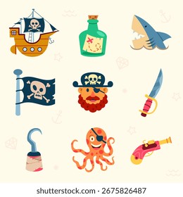 Cartoon sea pirate theme object collection.