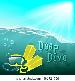 Cartoon sea poster "deep dive" Vector illustration of scuba diving.