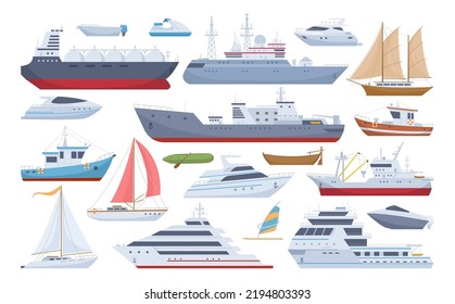Cartoon sea ships, boats, yacht and cargo ship. Fishing boats, travel cruise and speed boat, water transportation flat vector illustrations set. Shipping boats collection
