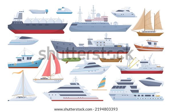 Cartoon sea\
ships, boats, yacht and cargo ship. Fishing boats, travel cruise\
and speed boat, water transportation flat vector illustrations set.\
Shipping boats\
collection