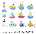 Cartoon sea ships set. Doodle watercraft vector collection. Nautical baby transport bundle.