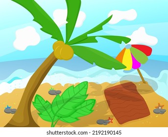cartoon of sea shore carpet and beach umbrella on the sand coast.