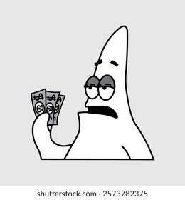 A cartoon of a sea star holding three stacks of bills. The sea star is looking at the camera with a "whatever" expression