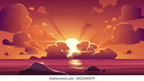 Cartoon Meer Sonnenuntergang Himmel. Ocean Beach Landschaft mit schwimmenden lila Wolken und nahe Küste, Meer Sonne aufgehen Hintergrund. Vektor Sonnenuntergang Paradies Ansicht Illustration des Sonnenuntergangs Ozean, Landschaft Meerhimmel