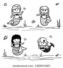 Cartoon sea themed mermaid in doodle line style. Coloring book in vector illustration.