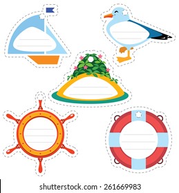 Cartoon sea travel gift tags: ship, life buoy, sea gull, rudder, island. Some blank space for your text included.